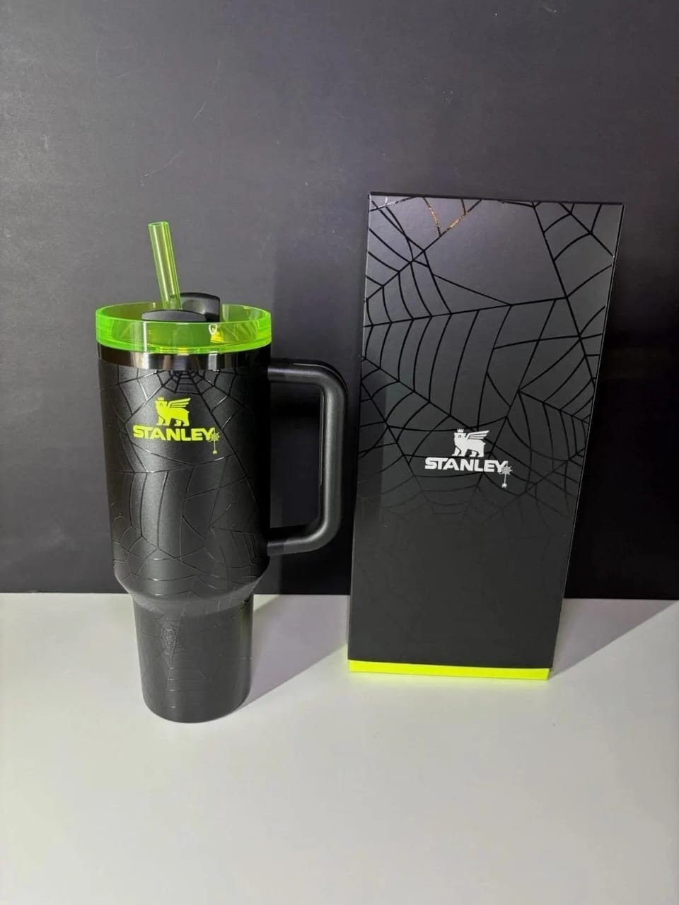 Stanley Halloween Spider Web Glow Quencher H2.0 FlowState Tumbler 40 oz | Black with Neon Green Lid & Straw