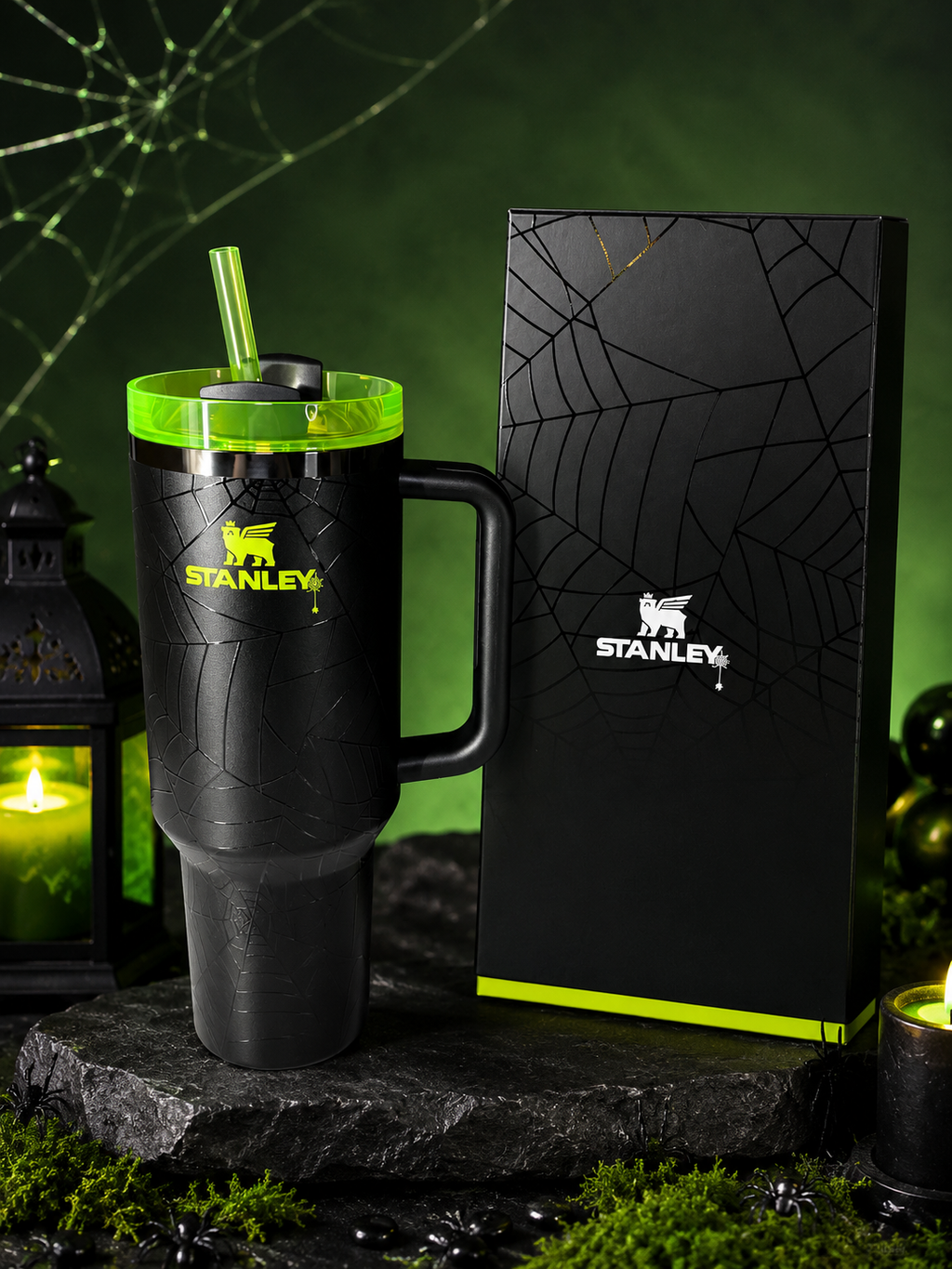 Stanley Halloween Spider Web Glow Quencher H2.0 FlowState Tumbler 40 oz | Black with Neon Green Lid & Straw