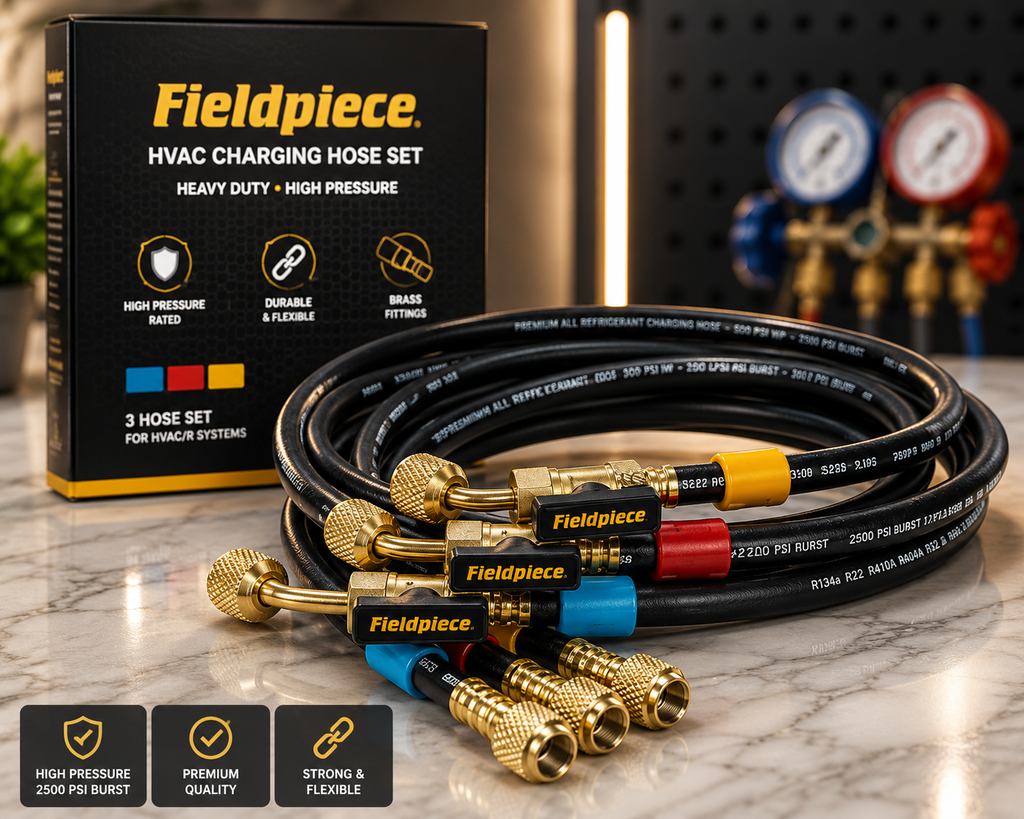 Fieldpiece HVAC Charging Hose Set – 3 Color Refrigerant Charging Hoses with Brass Fittings for R410A, R22, R134A, R404A, R32 HVAC Service
