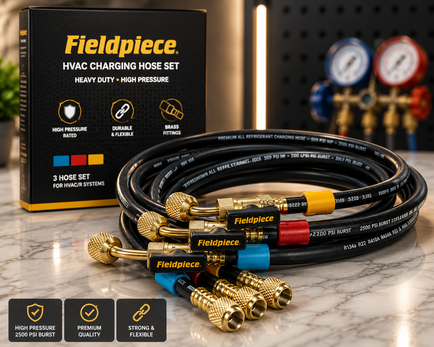 Fieldpiece HVAC Charging Hose Set – 3 Color Refrigerant Charging Hoses with Brass Fittings for R410A, R22, R134A, R404A, R32 HVAC Service